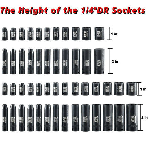 54-piece 1/4 Inch Drive Impact Socket Set, 6-point, SAE and Metric, Cr-V steel with socket heights and sizes labeled.