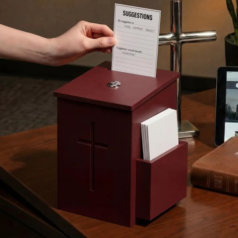 Built Tough Wooden Donation Box Keeps Church Offerings And Prayer Notes Totally Secure With Dual Keys And Smooth Hinged Lid Featuring Dark Mahogany Finish And Easy Mounting On Counters Or Walls.