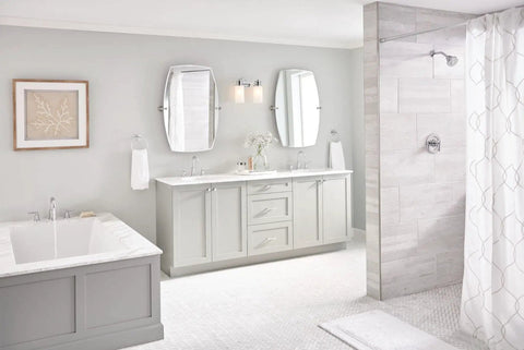 Modern bathroom featuring Gibson Chrome Two-Handle Deck Mounted Modern Roman Tub Faucet T961 with M-Pact Valve Compatibility.