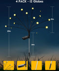 4 Pack Solar Garden Lights With 48 LED Firefly Lights, 2 Lighting Modes, Swaying In The Wind, Waterproof Outdoor Yard Decor, No Fuss Setup, Warm White Glow shown with dimensions and components