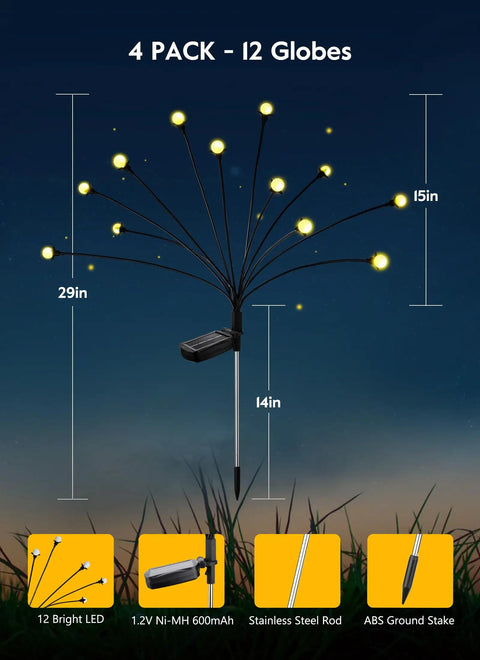 4 Pack Solar Garden Lights With 48 LED Firefly Lights, 2 Lighting Modes, Swaying In The Wind, Waterproof Outdoor Yard Decor, No Fuss Setup, Warm White Glow shown with dimensions and components
