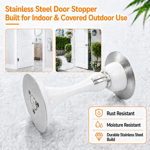 White Magnetic Door Stopper No Drill Wall Or Floor Mount With Slick 3D Adhesive Backing And Solid Steel Hardware For Slam Free Quiet Auto Closure Heavy Duty Home Fixes on a smooth surface.