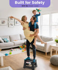 Family standing on Folding Step Stool Nine Inch Holds Up To 600 Lb With Non Slip Surface And Carry Handle in living room.