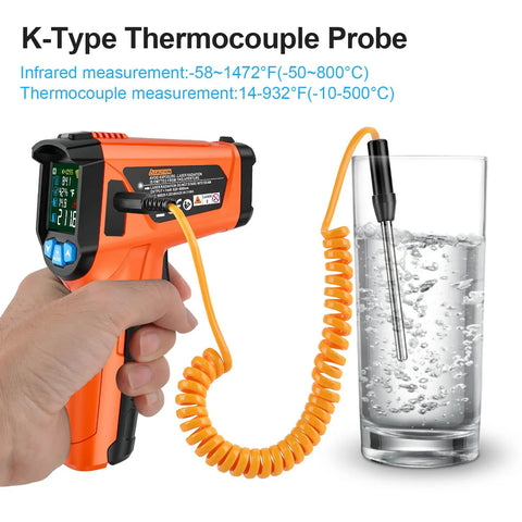 Dope Non Contact Infrared Thermometer Gun With Color LCD for Cooking and DIY, measuring temperature of water with probe