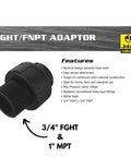 Heavy Duty Garden Hose Adaptor Three Quarter Inch NPT To Garden Hose And One Inch Pipe With Swivel UV Reinforced Nylon And Nitrile Seals Backnut Twist Prevention Tough As Nails Yet Lightweight Durable Fitting, 3/4" FGHT x 1" MPT