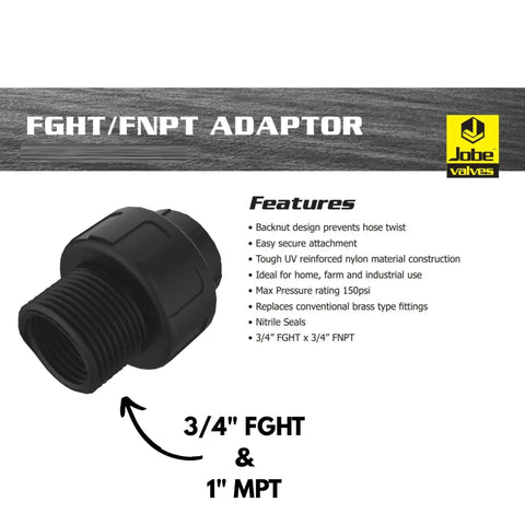 Heavy Duty Garden Hose Adaptor Three Quarter Inch NPT To Garden Hose And One Inch Pipe With Swivel UV Reinforced Nylon And Nitrile Seals Backnut Twist Prevention Tough As Nails Yet Lightweight Durable Fitting, 3/4" FGHT x 1" MPT
