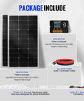 Package includes 100W Monocrystalline Solar Panel Kit With 30A PWM Controller For RVs Boats And Cabins Off Grid Ready 12V And 24V System.