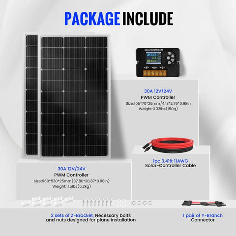Package includes 100W Monocrystalline Solar Panel Kit With 30A PWM Controller For RVs Boats And Cabins Off Grid Ready 12V And 24V System.