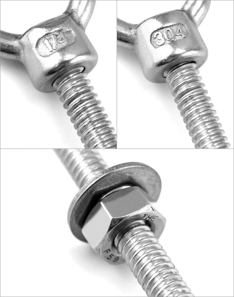 Close-up of Stainless Steel Eye Bolts Heavy Duty 25 Pack 1/4 By 3 Inch Marine Grade Threaded Eyebolts With Nuts And Washers