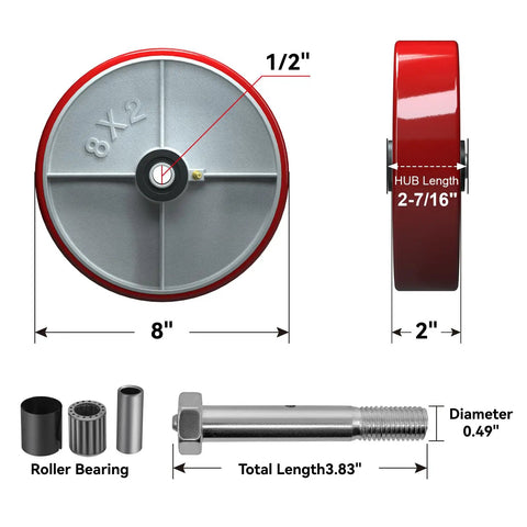 Heavy Duty 8 Inch By 2 Inch Caster Wheels With Polyurethane On Steel Tread 1/2 Bore Up To 1500 Lbs Per Wheel Replacement