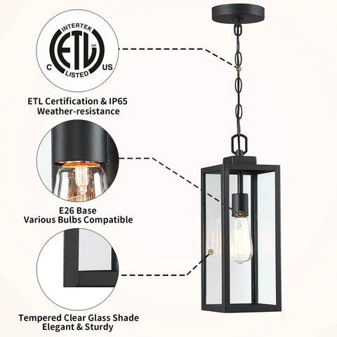 Outdoor Pendant Light Matte Black Adjustable Exterior Hanging Porch Lighting Waterproof Ceiling Mount Lamp With Clear Glass Shade For Front Porch And Entryway ETL Listed, featuring ETL certification and tempered glass shade.