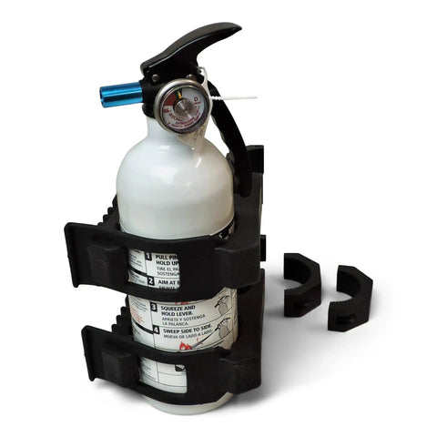 Tailgate Tested Polaris RZR Fire Extinguisher Kit With Slick Quick Release Mount and UL Rated Point Five Pound Canister, black mount design, safety instructions visible.