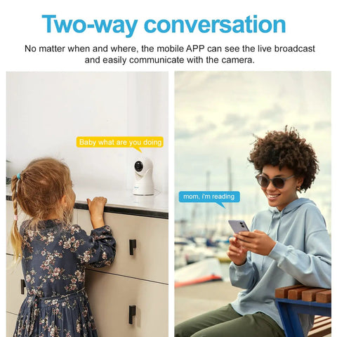 Indoor Security Camera With 360 Degree View And Auto Tracking For Home Or Pet Monitoring, girl and woman using two-way audio feature