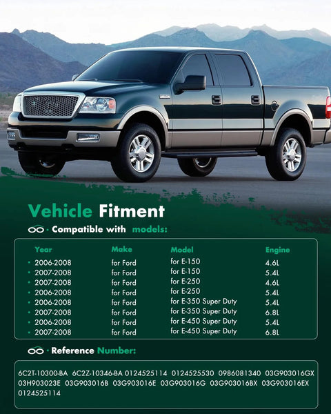 Vehicle compatibility chart for Ford E-150 E-250 E-350 Super Duty Alternator Replacement 2006 2007 2008 12V 150Amp with truck image