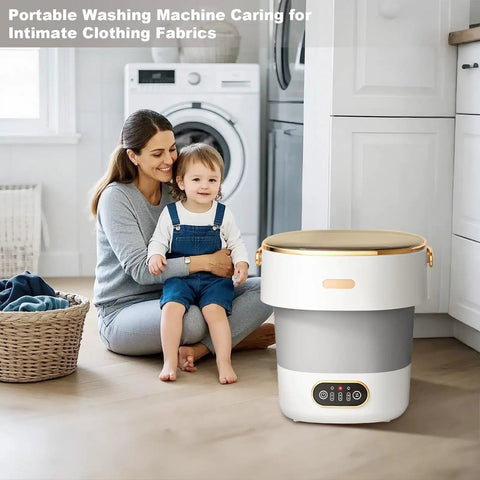 Slick Collapsible Mini Washing Machine With 13L Spin Basket And Quick Flip Design next to woman and child in modern kitchen.