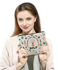 Woman holding Golf Makeup Bag For Women Gift Durable Organizer Pouch with Zipper, golf-themed design, beige polyester.