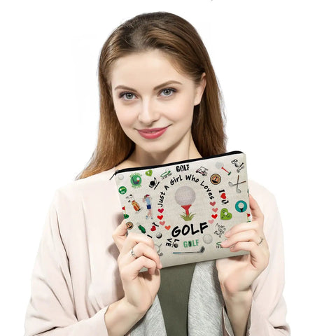 Woman holding Golf Makeup Bag For Women Gift Durable Organizer Pouch with Zipper, golf-themed design, beige polyester.