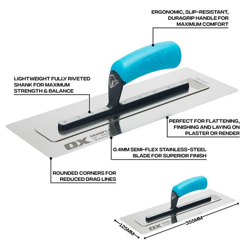 Pro Grade Semi Flex Stainless Steel Trowel 14 Inch Concrete Finishing Tool 355 X 125 Mm Durable, Flexible Blade For Smooth Spreads, Ideal For Mortar And Plaster