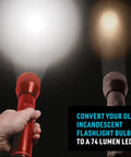 Comparison of two flashlights, showcasing High Power LED Upgrade Bulb For C And D Cell Flashlights 74 Lumen Soft White Replacement.