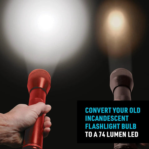 Comparison of two flashlights, showcasing High Power LED Upgrade Bulb For C And D Cell Flashlights 74 Lumen Soft White Replacement.