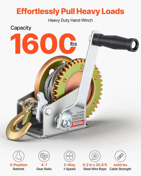 Beefy 1600 Lb Boat Winch With 32.8 Ft Steel Wire Hand Crank Towing Winch Two Way Ratchet Anti Slip Handle Easy Install For Boat Trailer And ATV Towing, 1600 lb steel hand winch