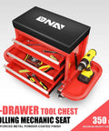 Three Drawer Rolling Tool Chest And Mechanic Seat With Tool Trays Pro Grade Heavy Duty 350 Pound Weight Capacity Red Finish