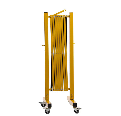 Heavy Duty Expandable Metal Barricade, 11 Ft Yellow Black Folding Security Gate, traffic safety barrier fence in folded position.