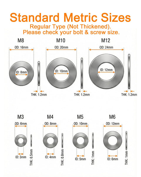 Front view diagram of YoSpciaNe stainless steel flat washer set, metric M3–M12 with inner/outer diameters and thickness