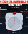6 Quart Poly Hydraulic Replacement Reservoir For Power Units And Heavy Duty Equipment Like Dump Trucks Trailers RVs And Boats, Rugged Poly Tank And Hydraulic Oil Tank With 4 Inch Round Opening And 4 Inch Bolt Pattern, Built For Tough Jobs, front view with measurements.