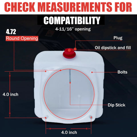 6 Quart Poly Hydraulic Replacement Reservoir For Power Units And Heavy Duty Equipment Like Dump Trucks Trailers RVs And Boats, Rugged Poly Tank And Hydraulic Oil Tank With 4 Inch Round Opening And 4 Inch Bolt Pattern, Built For Tough Jobs, front view with measurements.
