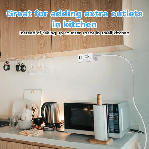 Power Strip With USB Ports, Wall Mountable Surge Protector, in kitchen above microwave, space saving mountable design