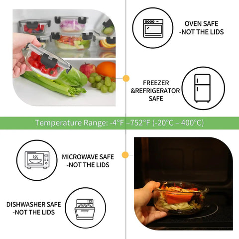 18 Piece Glass Food Storage Set With Lids For Meal Prep, Airtight And Leak Proof Containers In Use In Oven, Fridge, and Microwave