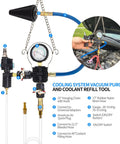Grease Monkey Approved 30 Piece Coolant Pressure Testing Kit With Radiator Cap Adapters Vacuum Line Purge Refill Tool showing heavy duty gauge and hoses.
