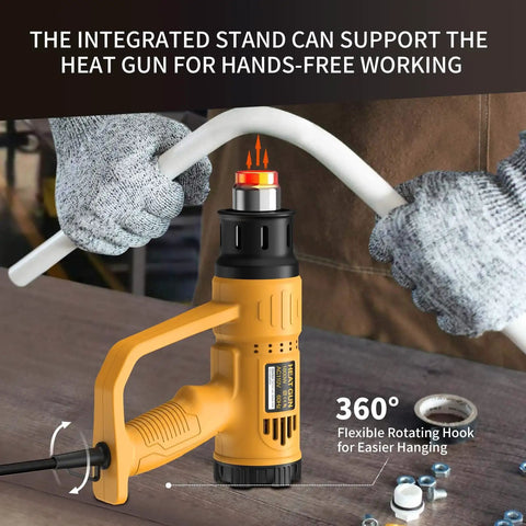 Go-To Heavy Duty 1800W Heat Gun Kit With Dual Temperature 662F And 1112F held by gloved hands bending tubing