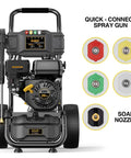 Heavy Duty Gas Pressure Washer That Whips Dirty Decks And Driveways Clean In Seconds With 3500 PSI And 2.6 GPM front view, showing engine and nozzles.