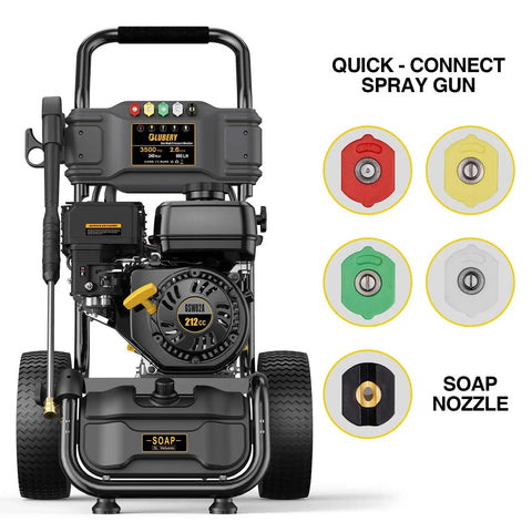 Heavy Duty Gas Pressure Washer That Whips Dirty Decks And Driveways Clean In Seconds With 3500 PSI And 2.6 GPM front view, showing engine and nozzles.