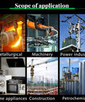 Scope of application showcasing Metallurgical, Machinery, Power industry, Home appliances, Construction, and Petrochemical sectors.