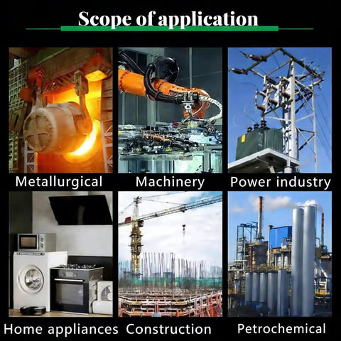 Scope of application showcasing Metallurgical, Machinery, Power industry, Home appliances, Construction, and Petrochemical sectors.