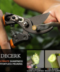 8.5 Inch Pruning Shears For Easy Cuts With Ultra Sharp Japanese Steel Titanium Blade slicing through branch cleanly