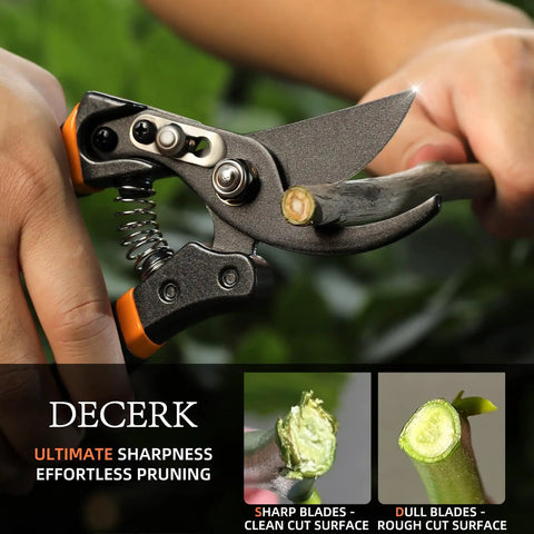 8.5 Inch Pruning Shears For Easy Cuts With Ultra Sharp Japanese Steel Titanium Blade slicing through branch cleanly