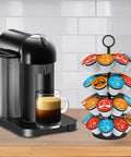 Coffee Pod Carousel Organizer With 360 Degree Revolving Base Holds 36 K Cup Pods Across Four Layers next to a coffee machine
