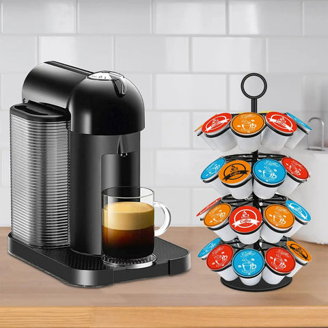 Coffee Pod Carousel Organizer With 360 Degree Revolving Base Holds 36 K Cup Pods Across Four Layers next to a coffee machine