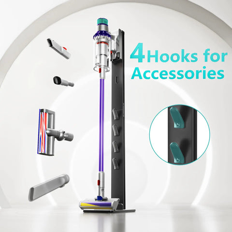 Durable Aluminum Vacuum Stand For Dyson Gen5 V15 V12 V11 V10 V9 V8 V7 V6 Cordless Vacs with four accessory hooks, black finish.