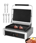 Heavy Duty Commercial Electric Sandwich Maker 2200W Press Grill with steaks cooking on non-stick plates and five BBQ pliers.