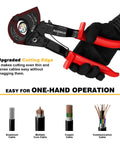 Ratcheting Cable Wire Cutter Heavy Duty Tool for Copper and Aluminum Wiring with tough grip handles cutting cables.