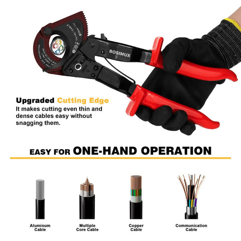 Ratcheting Cable Wire Cutter Heavy Duty Tool for Copper and Aluminum Wiring with tough grip handles cutting cables.