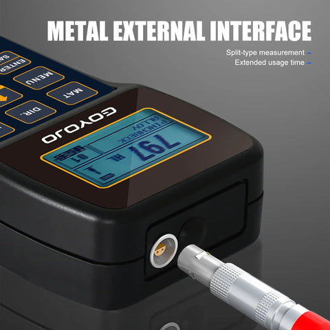 Portable Leeb Hardness Tester Kit With Copper Test Block 7 In 1 HL HV HB HRC HRB HRA HS, close-up of OLED display and metal interface.