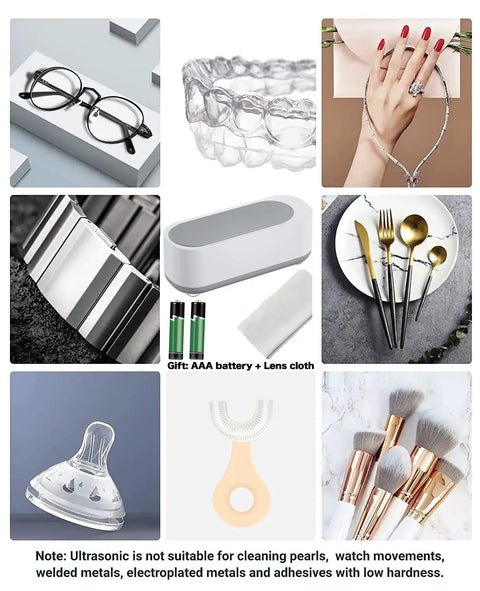 Collage showing household items cleaned by Ultrasonic Jewelry Cleaner Portable Pro Grade Household Cleaning Machine.