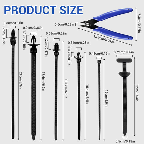 Nylon Universal Cable Tie Buckle Kit With Button Design And Flush Cutter 261 Piece Zip Ties with size dimensions shown