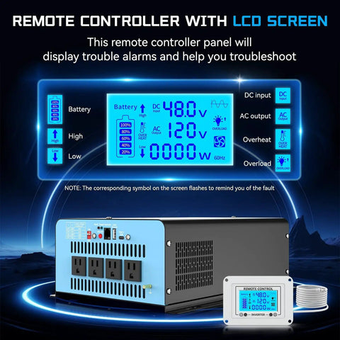 48V 2500W Pure Sine Wave Inverter For Off Grid Power 110V AC Output 5000W Peak with LCD Remote and AC Outlets